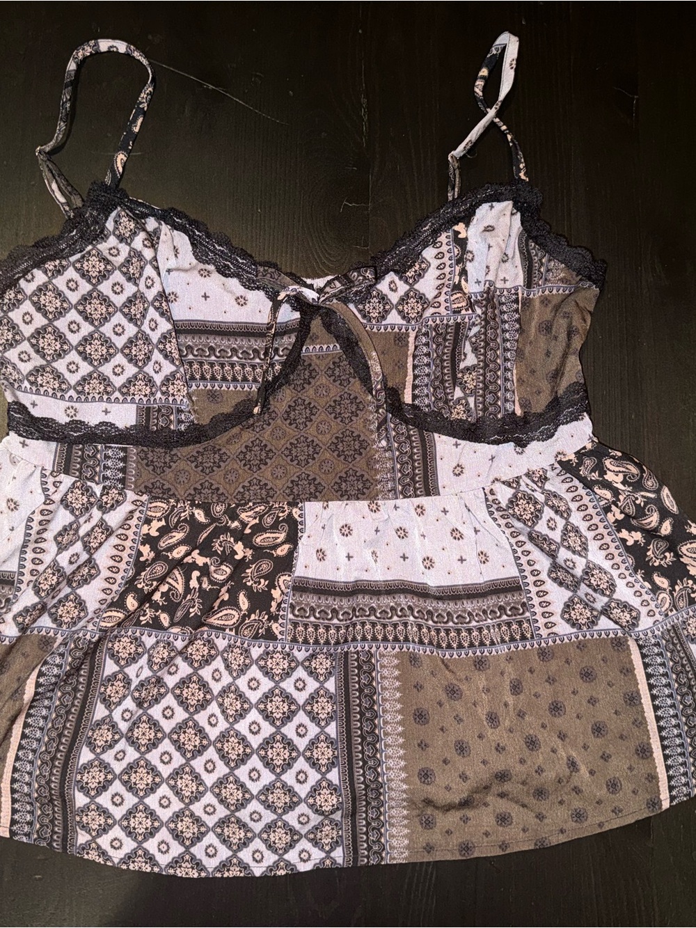 Cider Patchwork Lace-Trim Spaghetti Strap Tank Top - Brown/Black/Cream